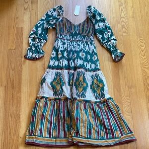 Bohemian Teal Ikat Midi Dress with Puff Sleeves